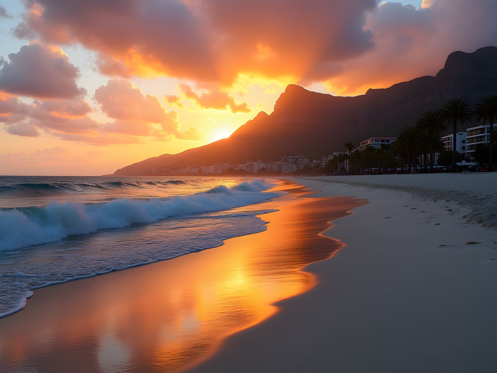 Camps Bay beach at sunset with Twelve Apostles mountains and palm trees