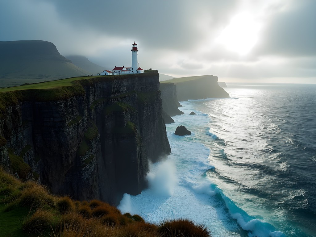 Cape Point Lighthouse perched on dramatic cliff with crashing waves below