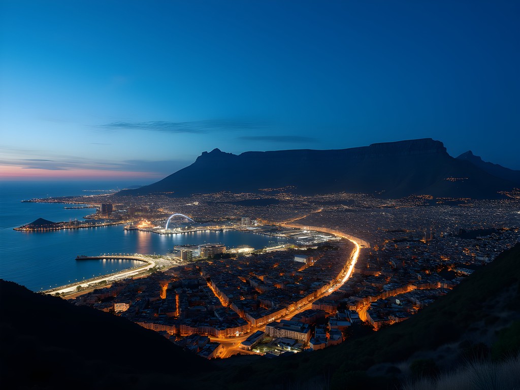 Cape Town city lights at blue hour viewed from Signal Hill with Table Mountain silhouette