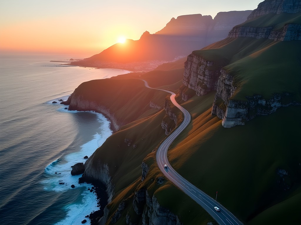 Aerial view of Chapman's Peak Drive winding along coastal cliffs at sunset