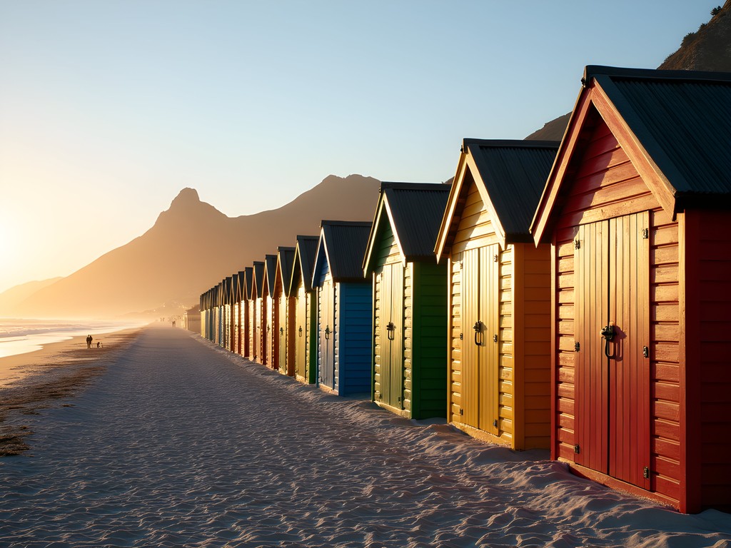 Colorful Victorian beach huts at Muizenberg Beach in early morning light