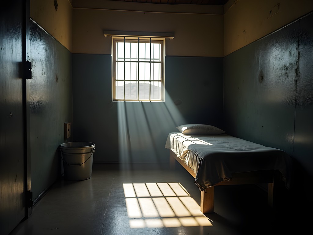 Nelson Mandela's cell on Robben Island with light streaming through small window