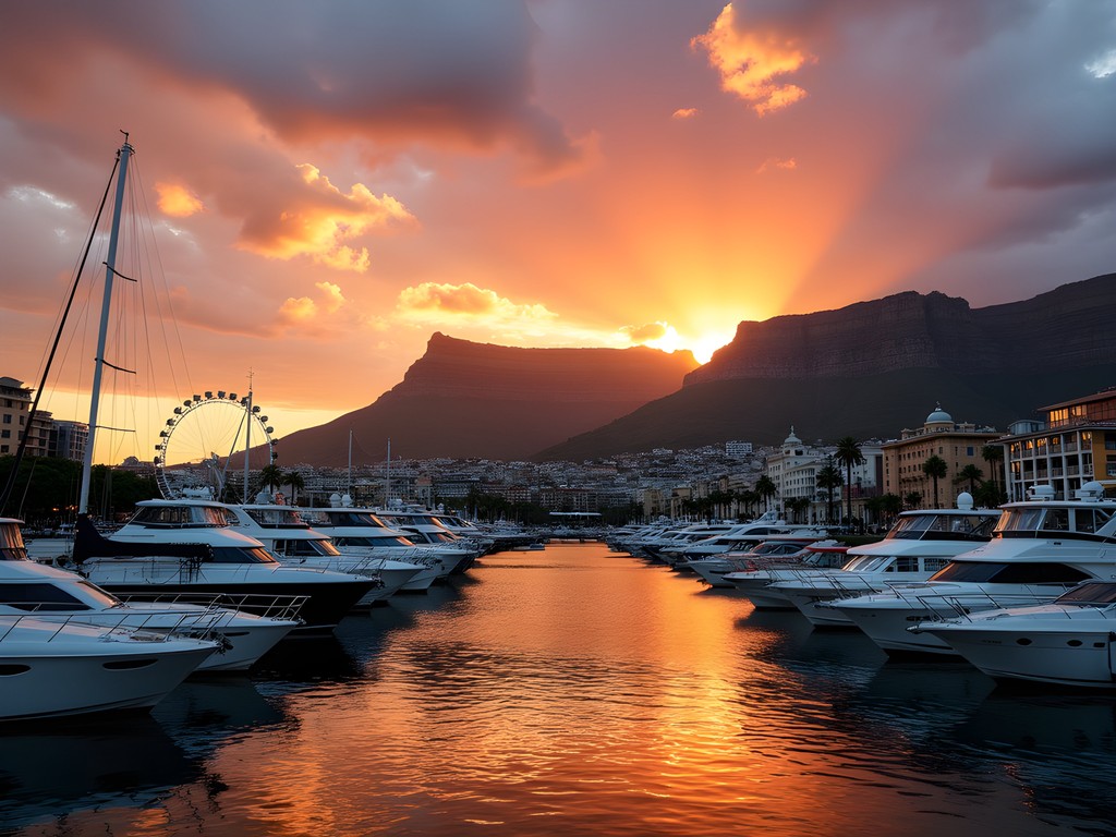 V&A Waterfront at sunset with boats in harbor and Table Mountain backdrop