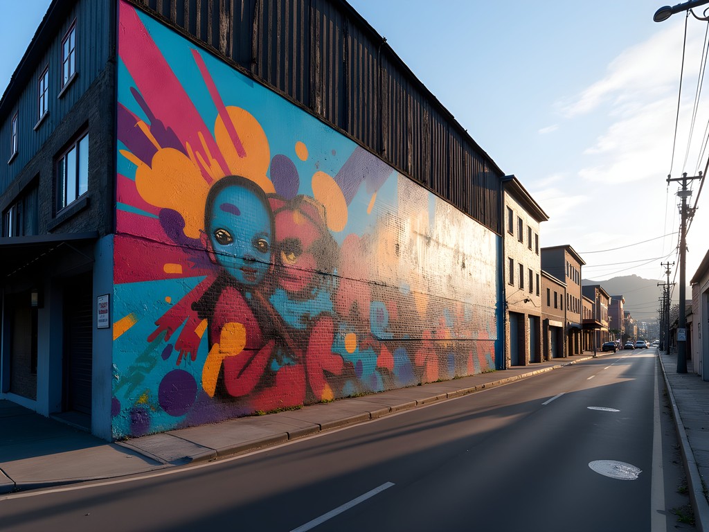 Colorful large-scale street art mural in Woodstock district with urban context