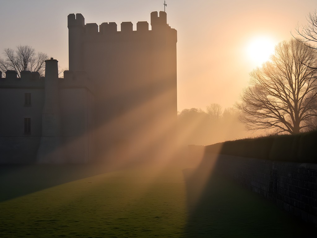Cardiff Castle Norman keep emerging from morning mist