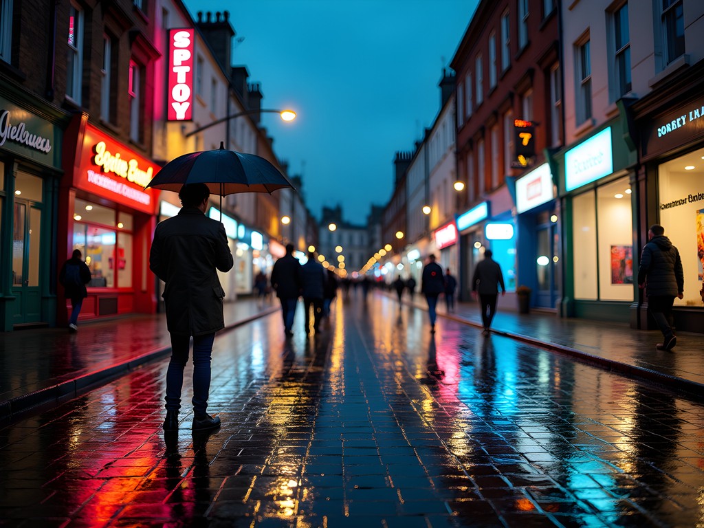 Rainy evening street photography in Cardiff with colorful reflections