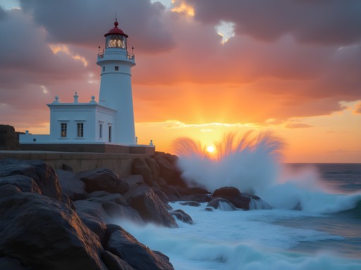 El Hank Lighthouse at sunset with dramatic Atlantic waves, Casablanca