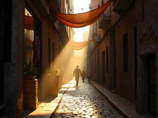 Morning light rays streaming through Casablanca medina alleyway