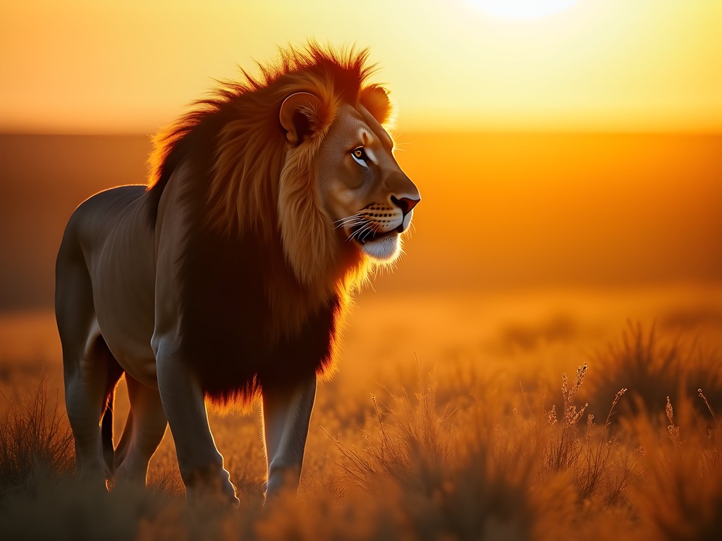 Male lion backlit by golden hour sun in Central Kalahari Game Reserve
