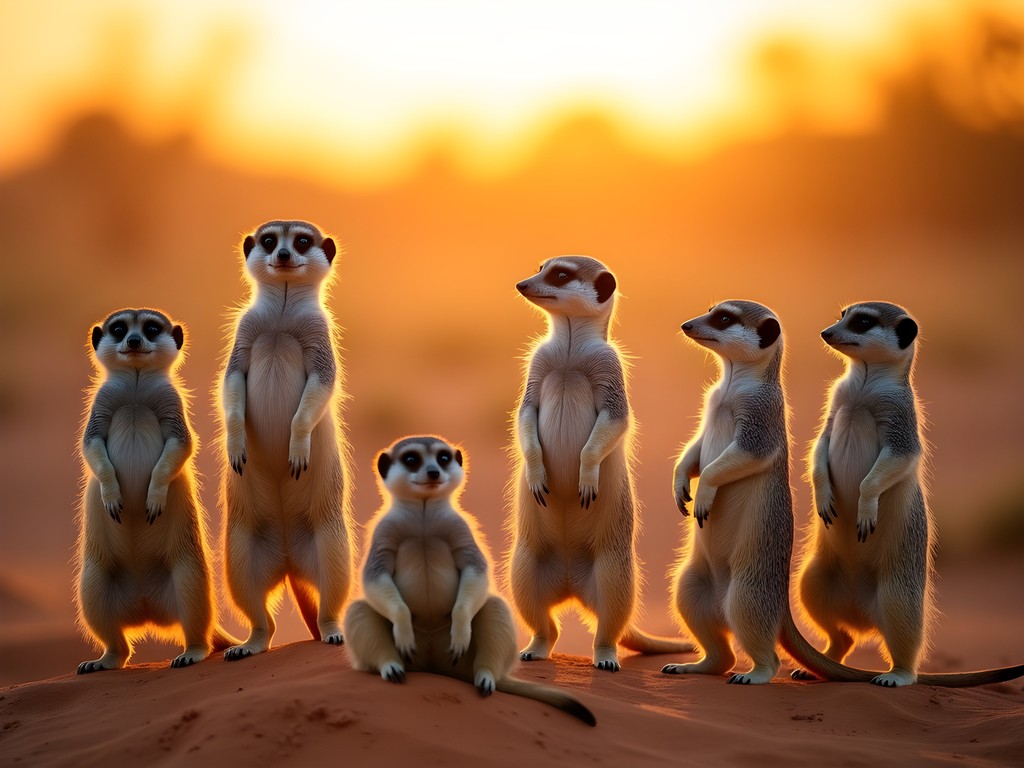 Meerkat colony at sunrise in Central Kalahari Game Reserve