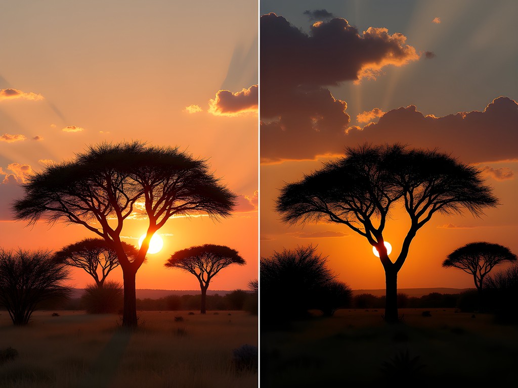 Before and after post-processing comparison of Kalahari landscape photograph