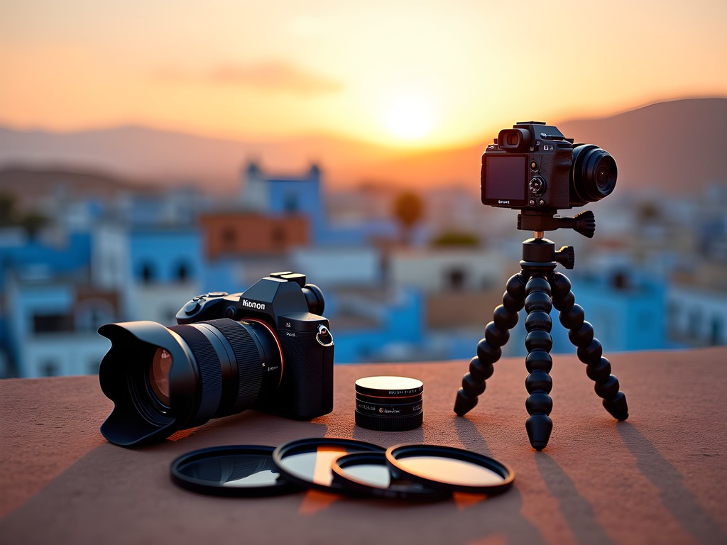 Photographer with camera gear on Chefchaouen rooftop overlooking blue cityscape