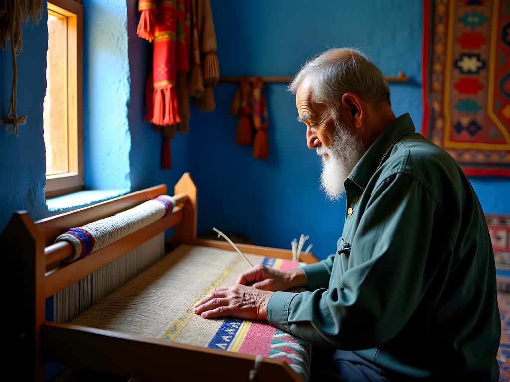 Moroccan artisan weaving traditional blanket in blue-walled workshop in Chefchaouen