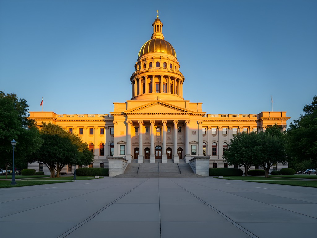 Wyoming State Capitol building in Cheyenne at sunrise with dramatic golden light