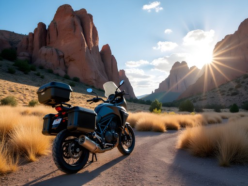 Motorcycle parked near dramatic rock formations at Vedauwoo Recreation Area near Cheyenne