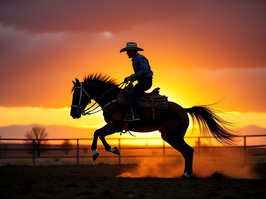 Silhouette of bronc rider against orange sunset sky at Cheyenne Frontier Days