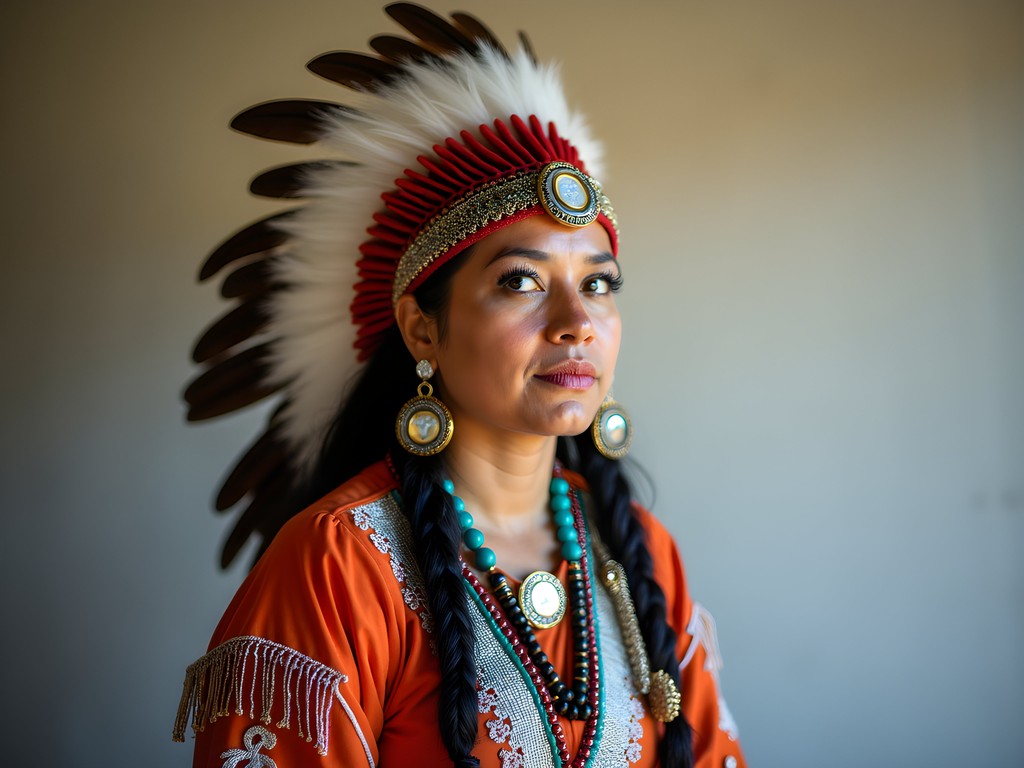 Portrait of Native American dancer in traditional regalia at Cheyenne Frontier Days