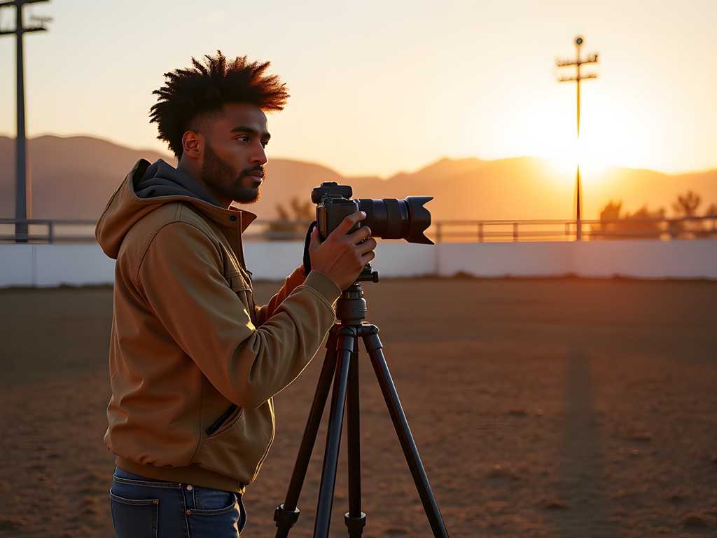 Photographer at Cheyenne Frontier Days capturing sunrise over empty arena