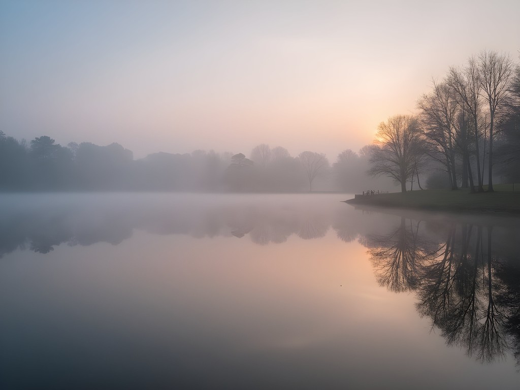 Lake Artemesia at sunrise with morning mist and tree reflections in still water