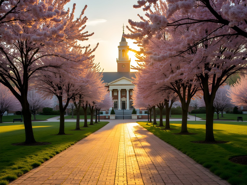 McKeldin Mall at University of Maryland during spring sunrise with cherry blossoms