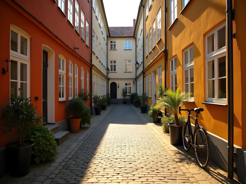 Charming hidden courtyard in Copenhagen's historic Magstræde with colorful buildings and cobblestone pavement