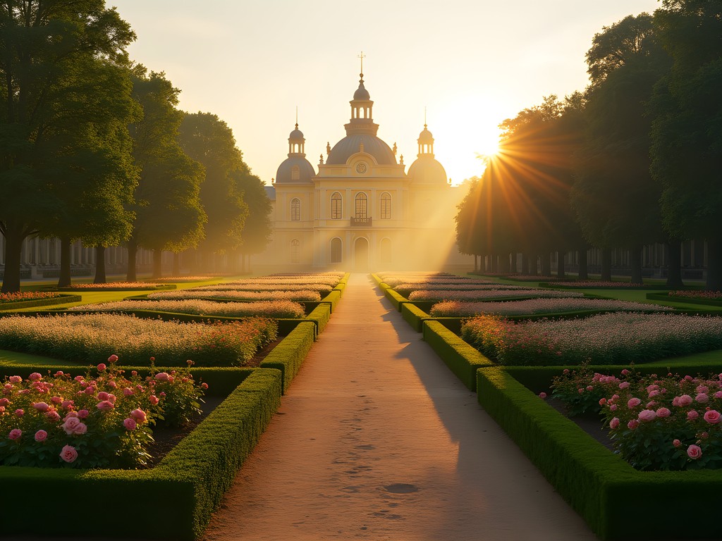 Morning light in King's Garden with Rosenborg Castle, formal gardens, and tree-lined paths in Copenhagen