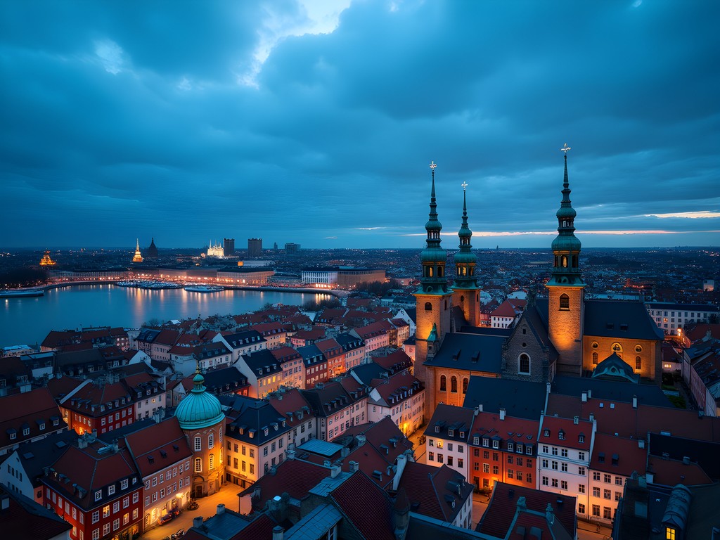 Panoramic view of Copenhagen skyline during blue hour from Christiansborg Tower showing copper spires and harbor