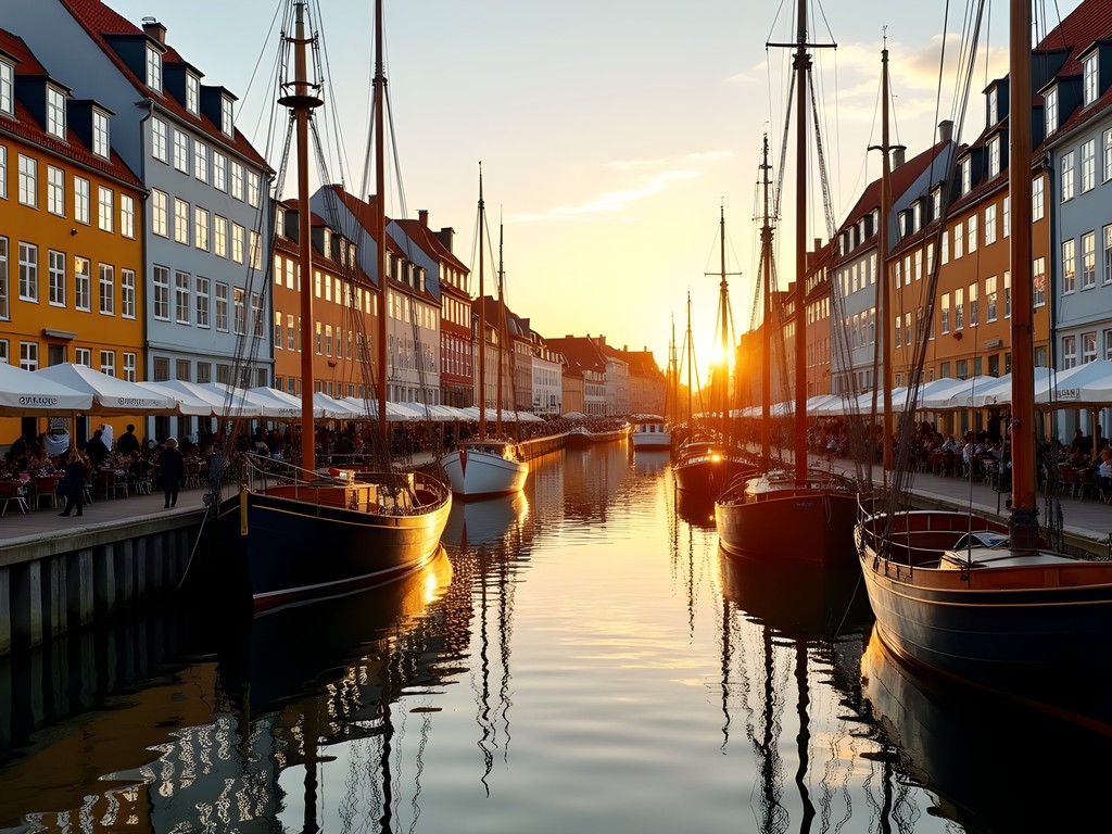 Sunrise at Nyhavn canal with colorful historic buildings and boats in Copenhagen
