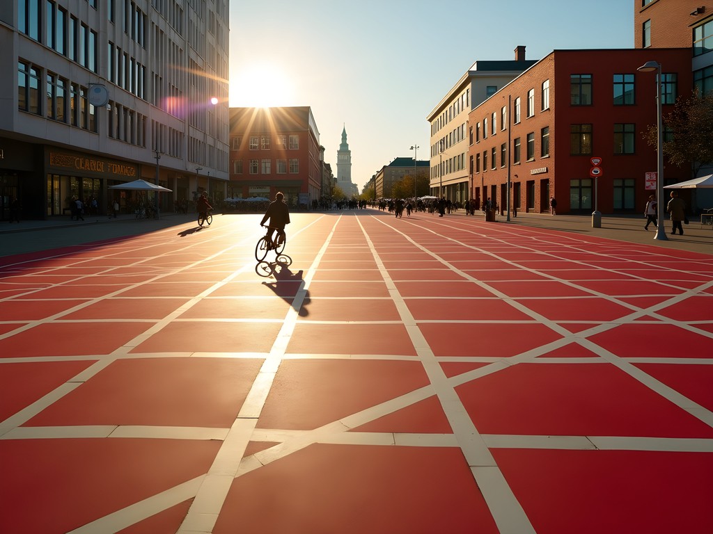 Vibrant red square at Superkilen urban park with geometric patterns and architecture