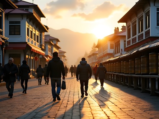 Photographer capturing evening light on Darjeeling's Mall Road with mountains visible in background