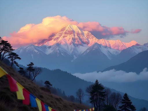Colorful prayer flags frame snow-capped Kanchenjunga mountain range at sunrise from Tumling viewpoint