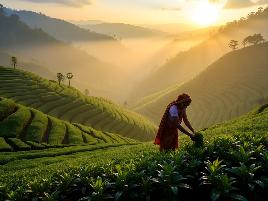 Woman in colorful sari plucking tea leaves in misty morning light at Happy Valley Tea Estate
