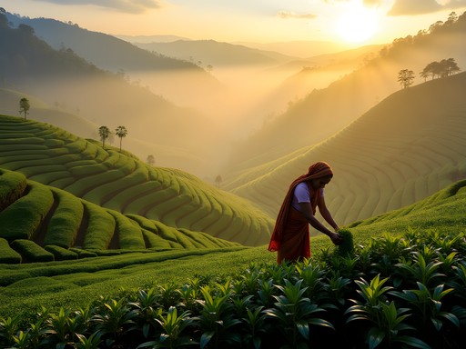 Woman in colorful sari plucking tea leaves in misty morning light at Happy Valley Tea Estate