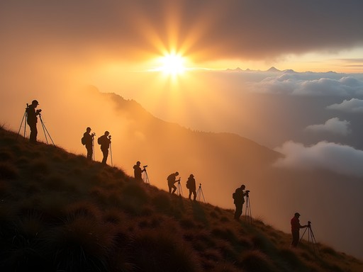 Photographer capturing golden sunrise over Kanchenjunga mountain from Tiger Hill viewpoint in Darjeeling