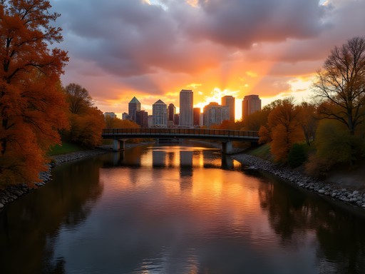 Denver skyline from Confluence Park at sunset with rivers meeting