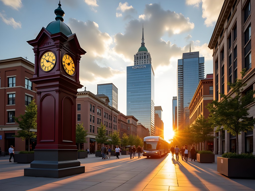 16th Street Mall in Denver with historic D&F Clock Tower and modern skyscrapers at sunset