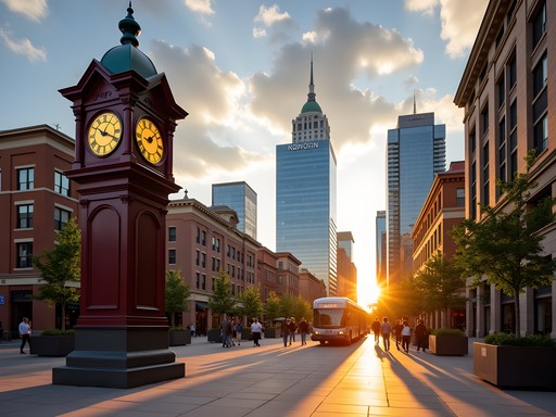 16th Street Mall in Denver with historic D&F Clock Tower and modern skyscrapers at sunset