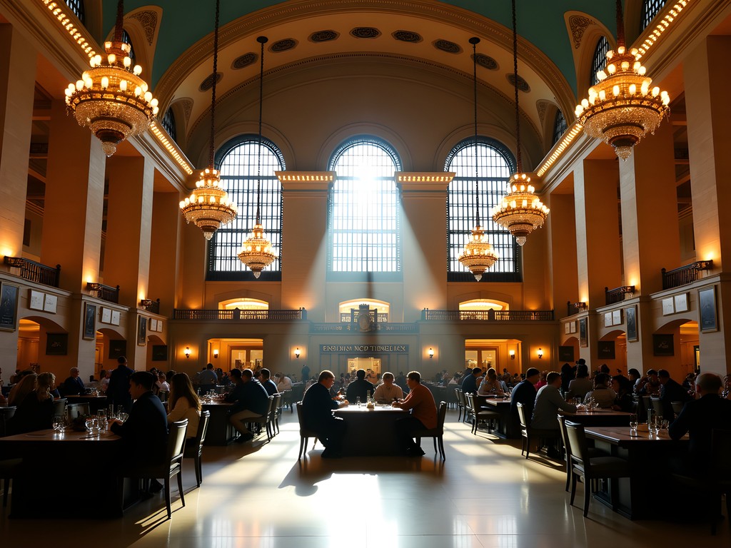 Interior of Denver Union Station with ornate chandeliers and historic architecture