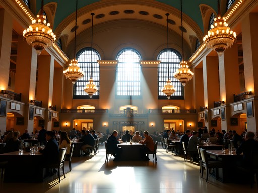 Interior of Denver Union Station with ornate chandeliers and historic architecture