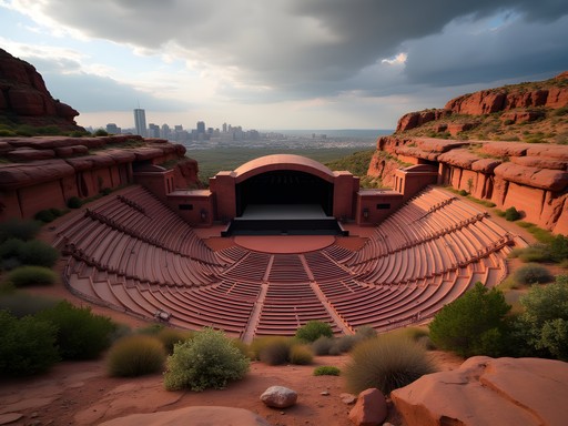 Red Rocks Amphitheatre with Denver skyline visible in distance