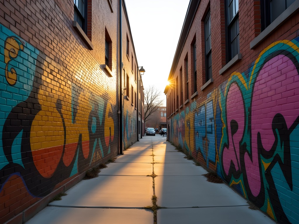 Colorful street art murals in RiNo district Denver with morning light