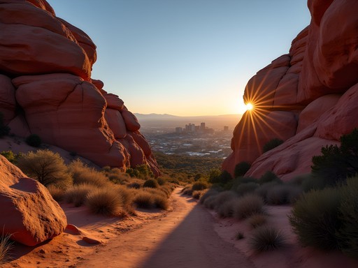Dramatic red rock formations at Red Rocks Park at sunrise with Denver skyline visible in distance