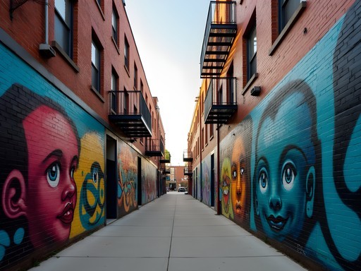 Colorful street art murals in RiNo Art District alleyway with industrial urban elements