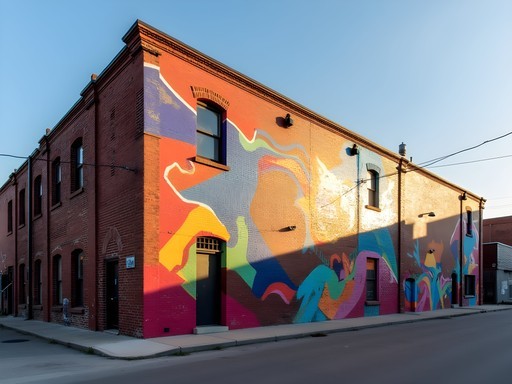Colorful large-scale mural in Detroit's Eastern Market district with morning light