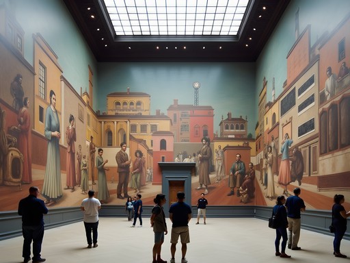 Diego Rivera Detroit Industry murals in the Detroit Institute of Arts with visitors viewing the artwork