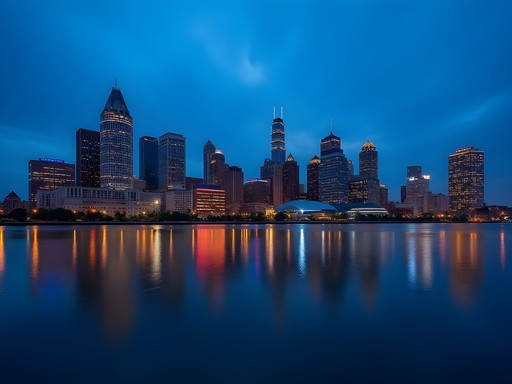 Detroit skyline at blue hour with Renaissance Center reflected in Detroit River