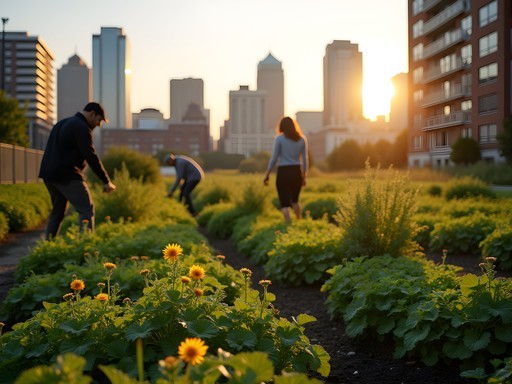 Urban community garden in Detroit with skyscrapers in background at morning golden hour