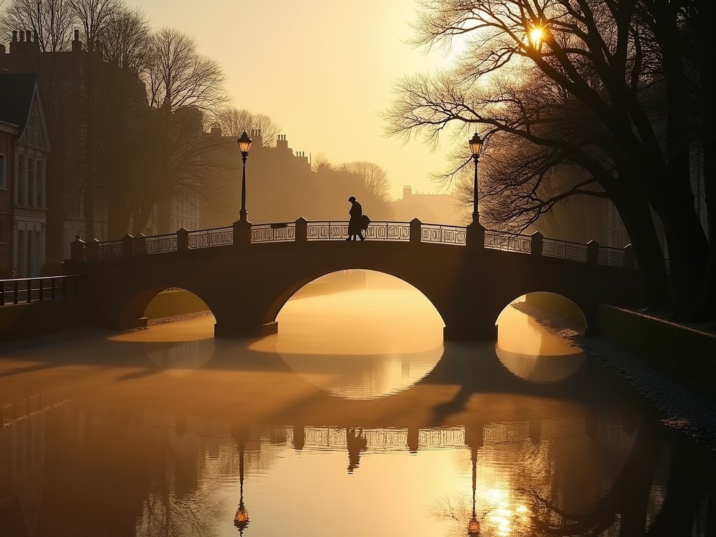 Ha'penny Bridge in Dublin at dawn with golden light breaking through morning mist