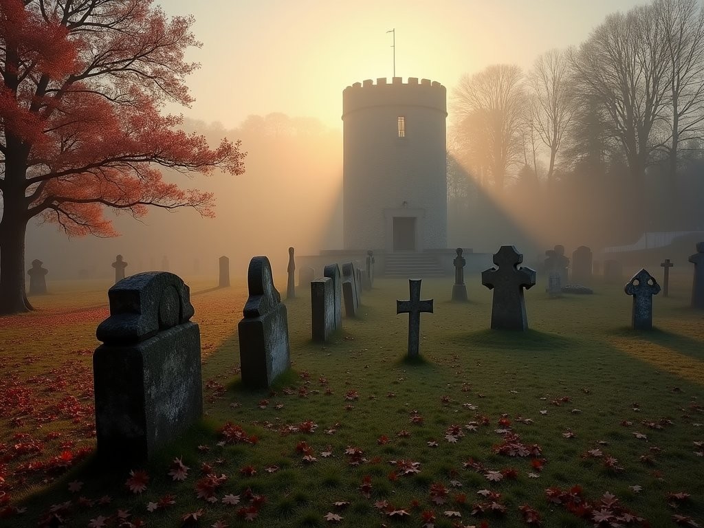 Ancient round tower at Glendalough emerging from morning mist with autumn foliage