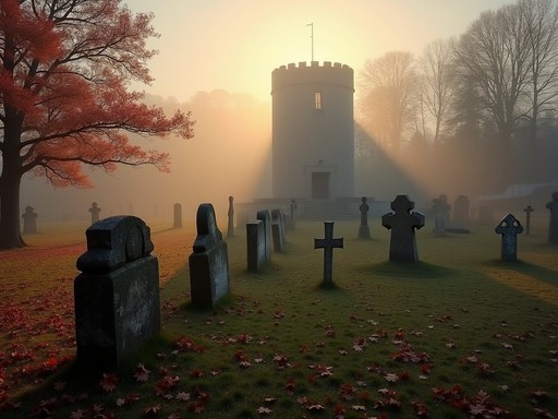 Ancient round tower at Glendalough emerging from morning mist with autumn foliage